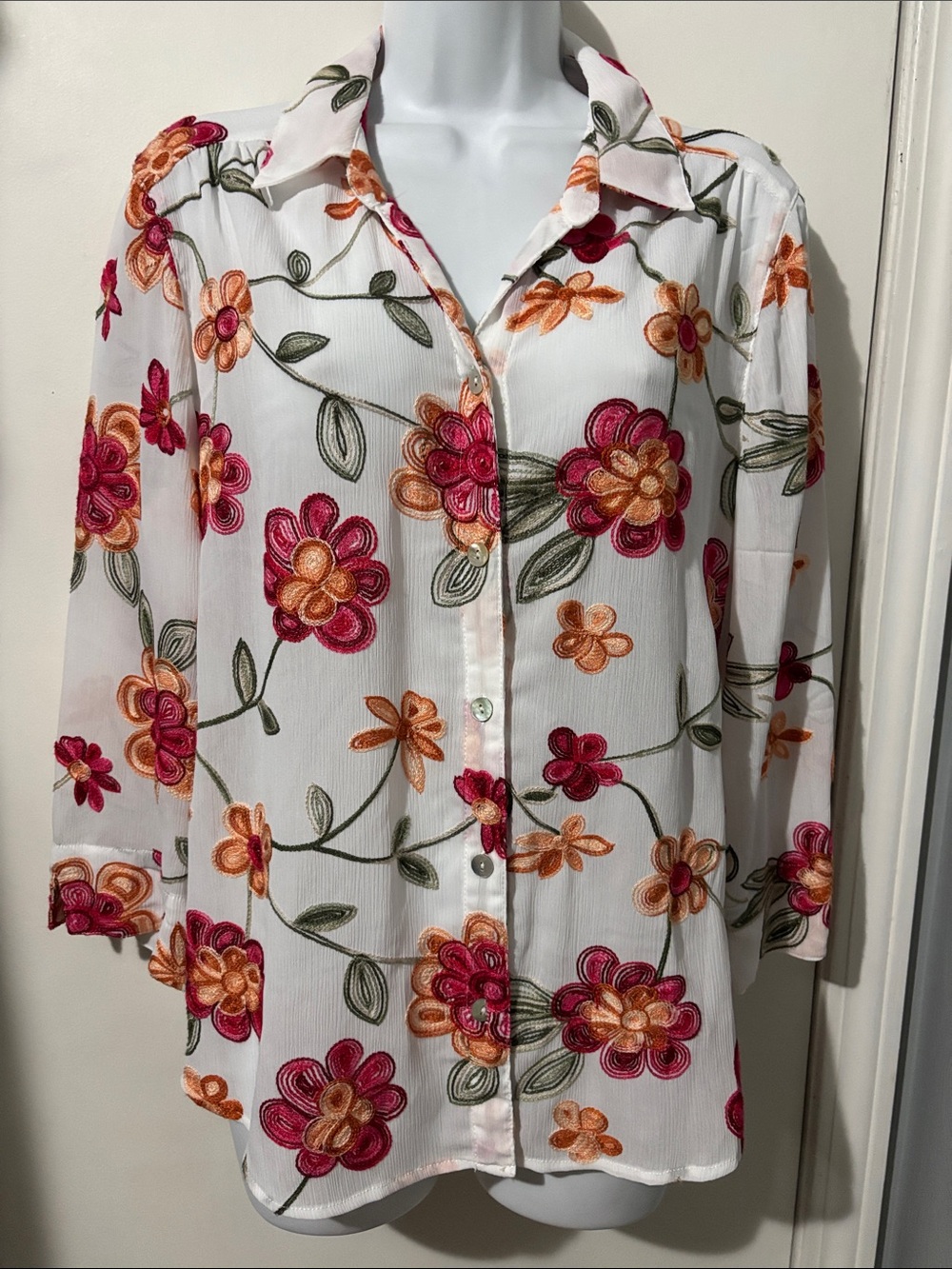 Alfred Dunner White Button-Front Top with Pink & Orange Floral Embroidery